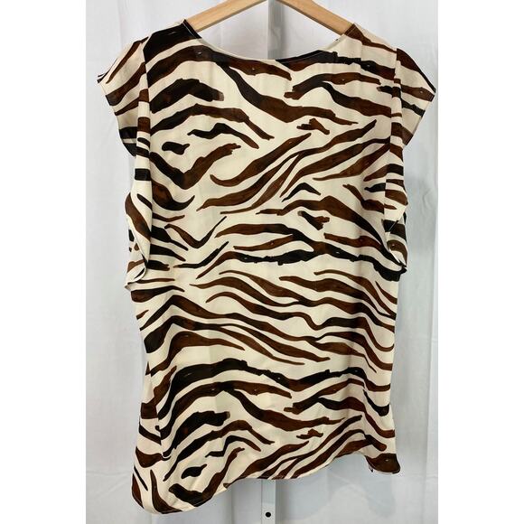 CABI  Size L Zebra Print Flutter Cap Sleeve Top 3771 V Neck Brown Cream - Picture 2 of 7